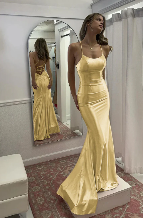 Robe de soirée fourreau élégante en satin à bretelles spaghetti, robe de soirée longue et formelle DP6761