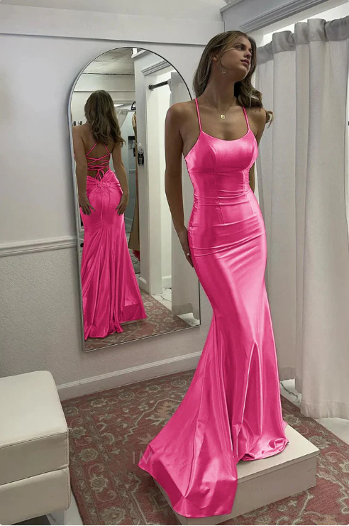 Robe de soirée fourreau élégante en satin à bretelles spaghetti, robe de soirée longue et formelle DP6761