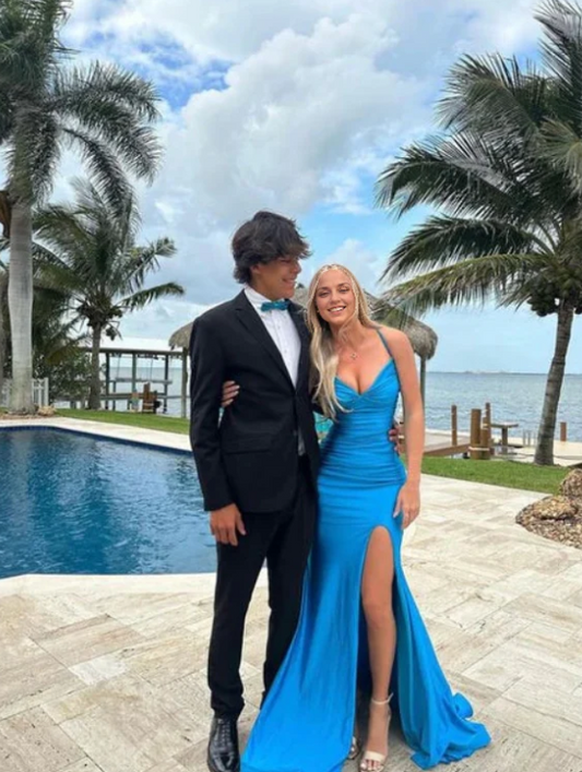 Robe de soirée fourreau bleue élégante, robe longue fendue, robe de soirée formelle DP6764