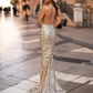 Elegant Sequin Prom Dress V-neck Sheath Evening Gown Spaghetti Strap Party Dress Long Formal Dress DP6765