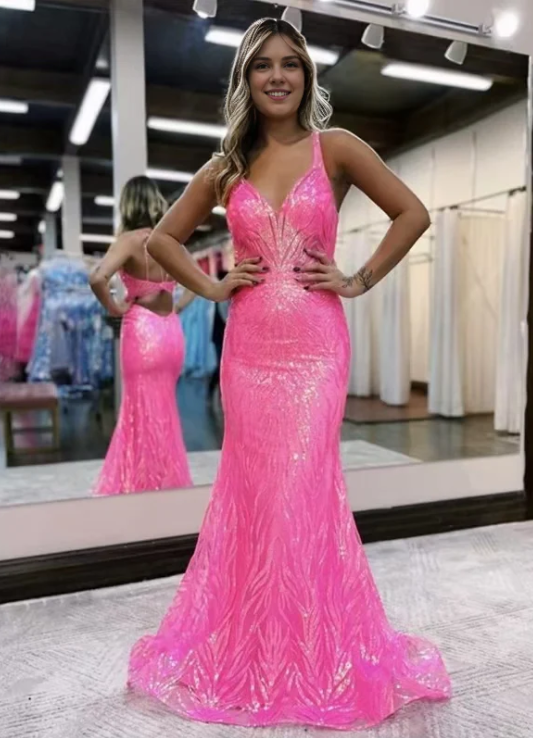 Elegantes funkelndes Pink Ballkleid V-Ausschnitt Meerjungfrau Abendkleid Partykleid Langes Abendkleid DP6766