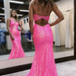 Elegantes funkelndes Pink Ballkleid V-Ausschnitt Meerjungfrau Abendkleid Partykleid Langes Abendkleid DP6766