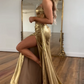Robe de bal élégante dorée sans bretelles, robe fourreau de soirée en satin à fente haute, robe longue de soirée formelle DP6767