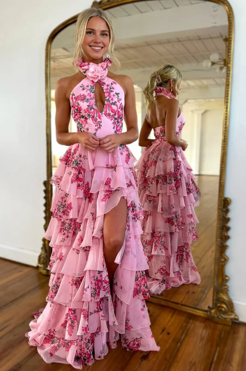 Elegantes rosa Blumen-Ballkleid Neckholder-Abendkleid Chiffon High Slit Partykleid Langes Abendkleid DP6769