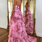 Elegantes rosa Blumen-Ballkleid Neckholder-Abendkleid Chiffon High Slit Partykleid Langes Abendkleid DP6769