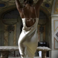 Robe de bal élégante en satin champagne, bretelles spaghetti, robe de soirée fourreau dos nu, robe longue de soirée, DP6770
