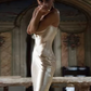 Robe de bal élégante en satin champagne, bretelles spaghetti, robe de soirée fourreau dos nu, robe longue de soirée, DP6770