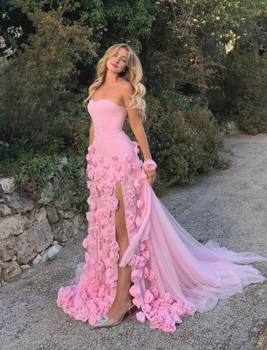 Elegantes rosa 3D-Blumen-Ballkleid, trägerloses Abendkleid, hochgeschlitztes Partykleid, langes formelles Kleid, DP6771