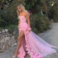 Elegantes rosa 3D-Blumen-Ballkleid, trägerloses Abendkleid, hochgeschlitztes Partykleid, langes formelles Kleid, DP6771