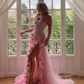 Elegantes rosa 3D-Blumen-Ballkleid, trägerloses Abendkleid, hochgeschlitztes Partykleid, langes formelles Kleid, DP6771