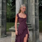 Robe de bal élégante violette à volants, robe de soirée fourreau à fente haute, robe de soirée longue et formelle DP6772