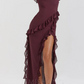 Robe de bal élégante violette à volants, robe de soirée fourreau à fente haute, robe de soirée longue et formelle DP6772