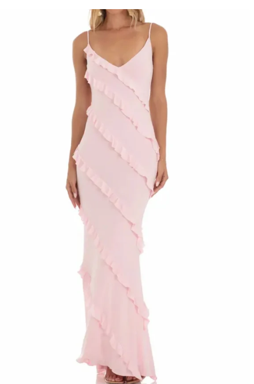 Elegantes rosa Ballkleid mit Rüschen, Etuikleid, Abendkleid, V-Ausschnitt, Partykleid, langes Abendkleid, DP6773