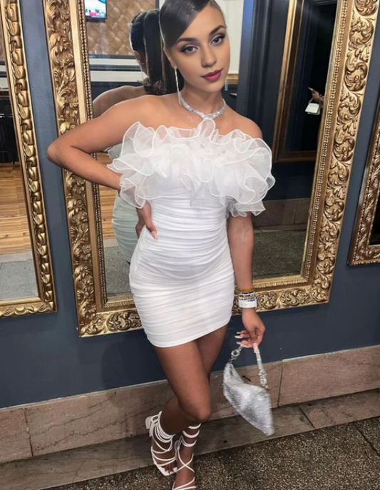 Vintage White Strapless Ruffles Homecoming Dress Sheath Bodycon Party Dress Short Cocktail Dress DP6788