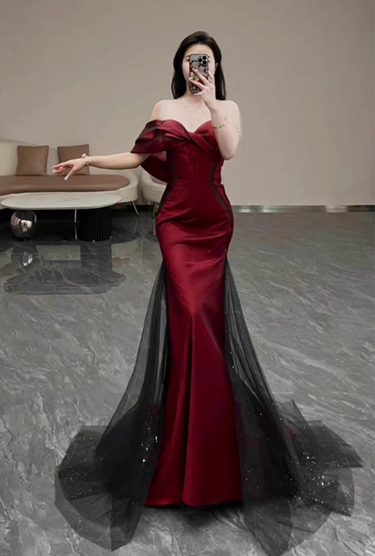 Elegant Burgundy Mermaid Prom Dress Sweetheart Evening Gown Bowknot Party Dress Long Formal Dress DP6791