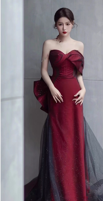 Elegant Burgundy Mermaid Prom Dress Sweetheart Evening Gown Bowknot Party Dress Long Formal Dress DP6791
