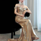 Elegant Golden Mermaid Prom Dress Off-the-shoulder Evening Gown Party Dress Long Formal Dress DP6792