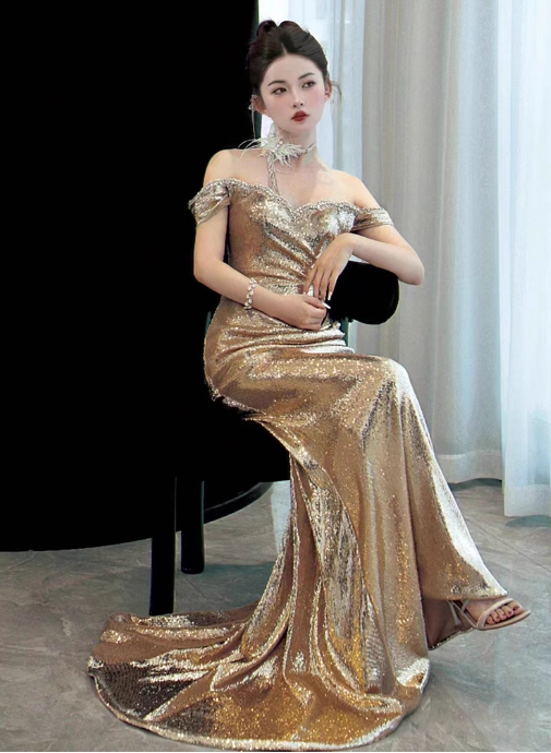 Elegant Golden Mermaid Prom Dress Off-the-shoulder Evening Gown Party Dress Long Formal Dress DP6792