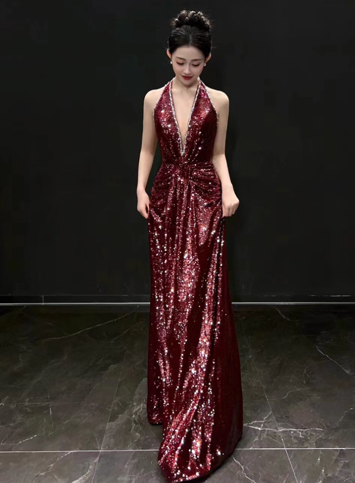 Elegant Burgundy Sheath Prom Dress V-neck Sequin Evening Gown Party Dress Long Formal Dress DP6793