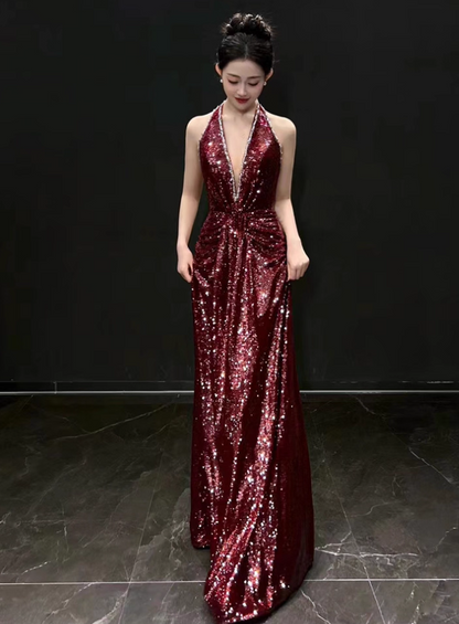 Elegant Burgundy Sheath Prom Dress V-neck Sequin Evening Gown Party Dress Long Formal Dress DP6793