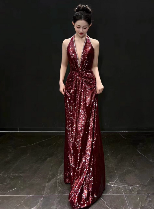 Elegant Burgundy Sheath Prom Dress V-neck Sequin Evening Gown Party Dress Long Formal Dress DP6793