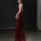 Elegant Burgundy Sheath Prom Dress V-neck Sequin Evening Gown Party Dress Long Formal Dress DP6793