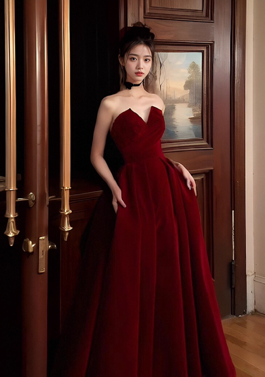 Elegant Burgundy A-Line Prom Dress V-neck Strapless Evening Gown Party Dress Long Formal Dress DP6794