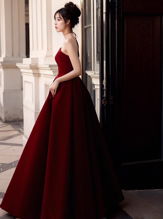 Elegant Burgundy A-Line Prom Dress V-neck Strapless Evening Gown Party Dress Long Formal Dress DP6794