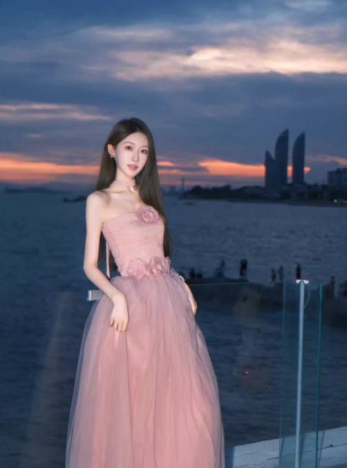 Elegant Pink A-Line Prom Dress Tulle Strapless Evening Gown Party Dress Long Formal Dress DP6795