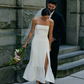 Elegant White Satin Strapless High Slit Sheath Wedding Dress DP6804