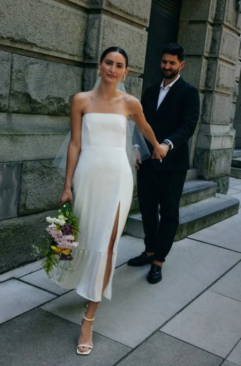 Elegant White Satin Strapless High Slit Sheath Wedding Dress DP6804
