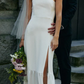 Elegant White Satin Strapless High Slit Sheath Wedding Dress DP6804