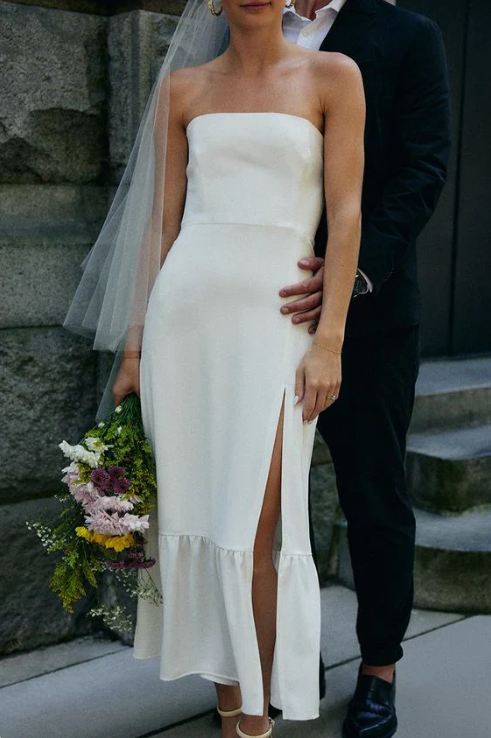 Elegant White Satin Strapless High Slit Sheath Wedding Dress DP6804