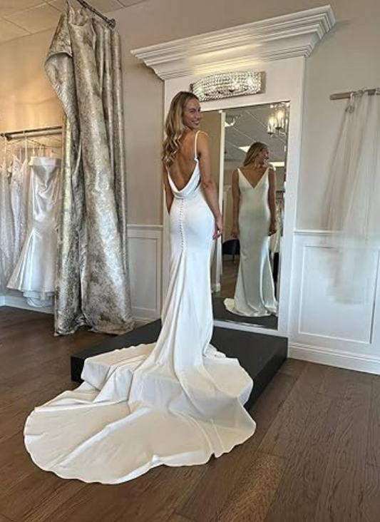 Elegant White Satin Straps V-neck Sheath Trailing Long Wedding Dress DP6803