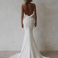 Elegant White Satin Straps V-neck Sheath Trailing Long Wedding Dress DP6803