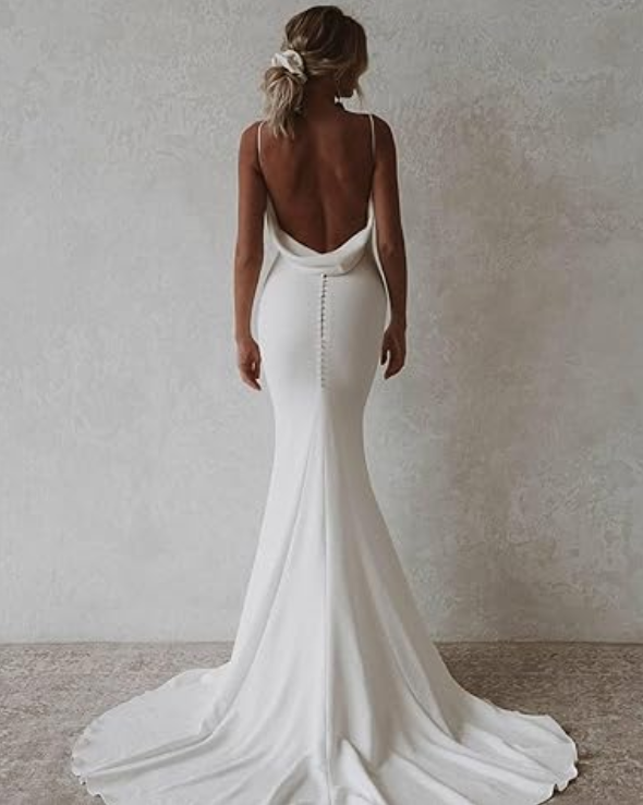 Elegant White Satin Straps V-neck Sheath Trailing Long Wedding Dress DP6803