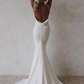 Elegant White Satin Straps V-neck Sheath Trailing Long Wedding Dress DP6803