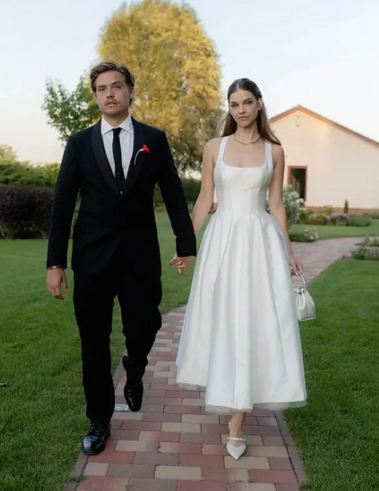 Elegant Simple White Square-neck Straps A-Line Ankle-length Wedding Dress DP6800