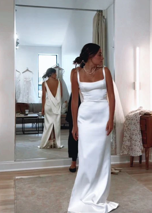 Elegant White Straps Backless Sheath Satin Long Wedding Dress DP6799