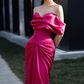 Elegant Hot Pink Off-the-shoulder Prom Dress Satin Evening Gown Mermaid Party Dress Trailing Long Formal Dress DP6810