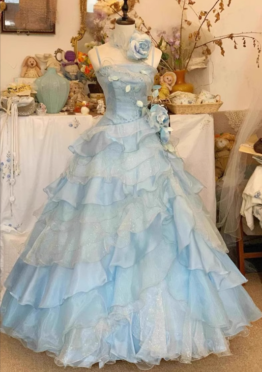Vintage Sky Blue Spaghetti Strap Sweet 16 Quinceanera A-Line Floor-length Tiered Prom Dress Birthday Dress Evening Dress Ball Gown DP6812