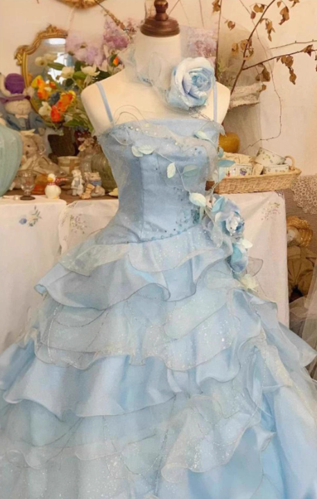 Vintage Sky Blue Spaghetti Strap Sweet 16 Quinceanera A-Line Floor-length Tiered Prom Dress Birthday Dress Evening Dress Ball Gown DP6812