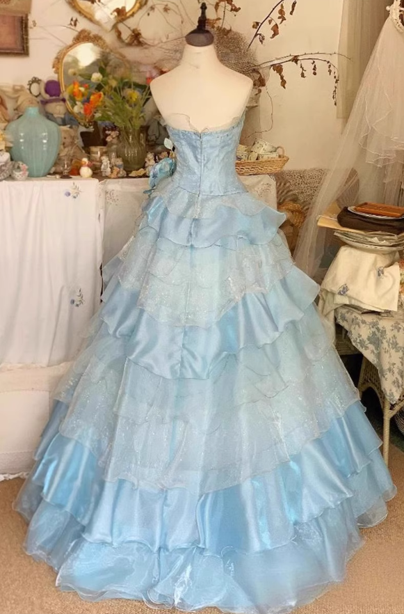 Vintage Sky Blue Spaghetti Strap Sweet 16 Quinceanera A-Line Floor-length Tiered Prom Dress Birthday Dress Evening Dress Ball Gown DP6812