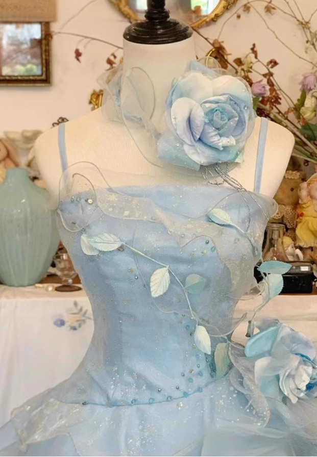 Vintage Sky Blue Spaghetti Strap Sweet 16 Quinceanera A-Line Floor-length Tiered Prom Dress Birthday Dress Evening Dress Ball Gown DP6812