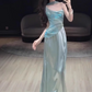 Elegant Aqua Spaghetti Strap Prom Dress Satin Evening Gown Sheath Party Dress Long Formal Dress DP6813