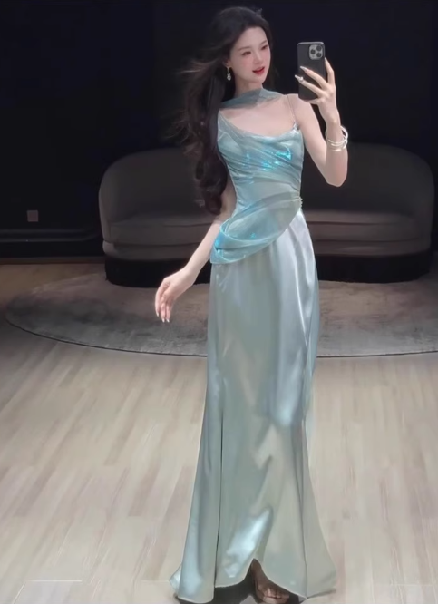 Elegant Aqua Spaghetti Strap Prom Dress Satin Evening Gown Sheath Party Dress Long Formal Dress DP6813