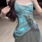 Elegant Aqua Spaghetti Strap Prom Dress Satin Evening Gown Sheath Party Dress Long Formal Dress DP6813