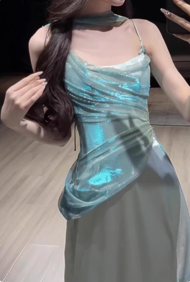 Elegant Aqua Spaghetti Strap Prom Dress Satin Evening Gown Sheath Party Dress Long Formal Dress DP6813