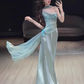 Elegant Aqua Spaghetti Strap Prom Dress Satin Evening Gown Sheath Party Dress Long Formal Dress DP6813