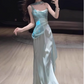 Elegant Aqua Spaghetti Strap Prom Dress Satin Evening Gown Sheath Party Dress Long Formal Dress DP6813